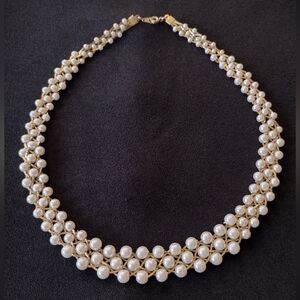 Triple Strand Gold Woven Faux Pearl Necklace